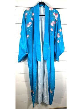 Vintage Japanese Silk 100% Kimono Robe Floral Print Sky Blue & White Open Front
